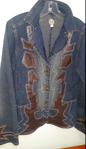 2 piece Stretch Denim Pants suit with faux leather - Picture 1 of 7